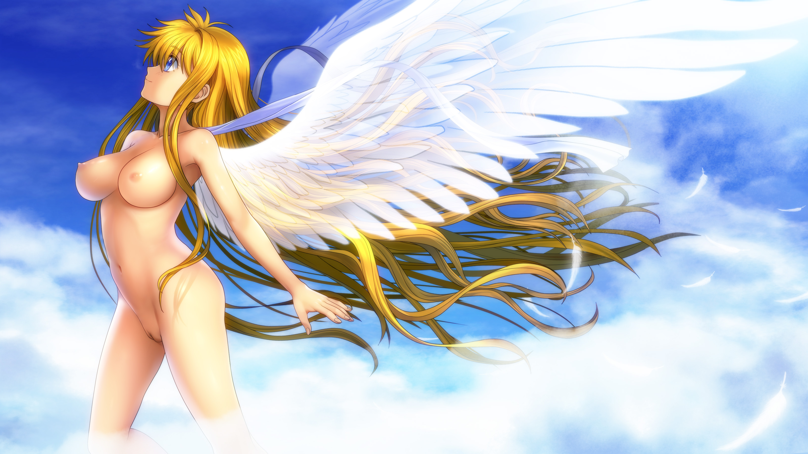Rule 34 - absurdres air (anime) angel blonde hair blue eyes breasts cloud  clouds dress female highres kamio misuzu long hair mutsuki (moonknives)  nude nude filter photoshop pussy sky solo uncensored very