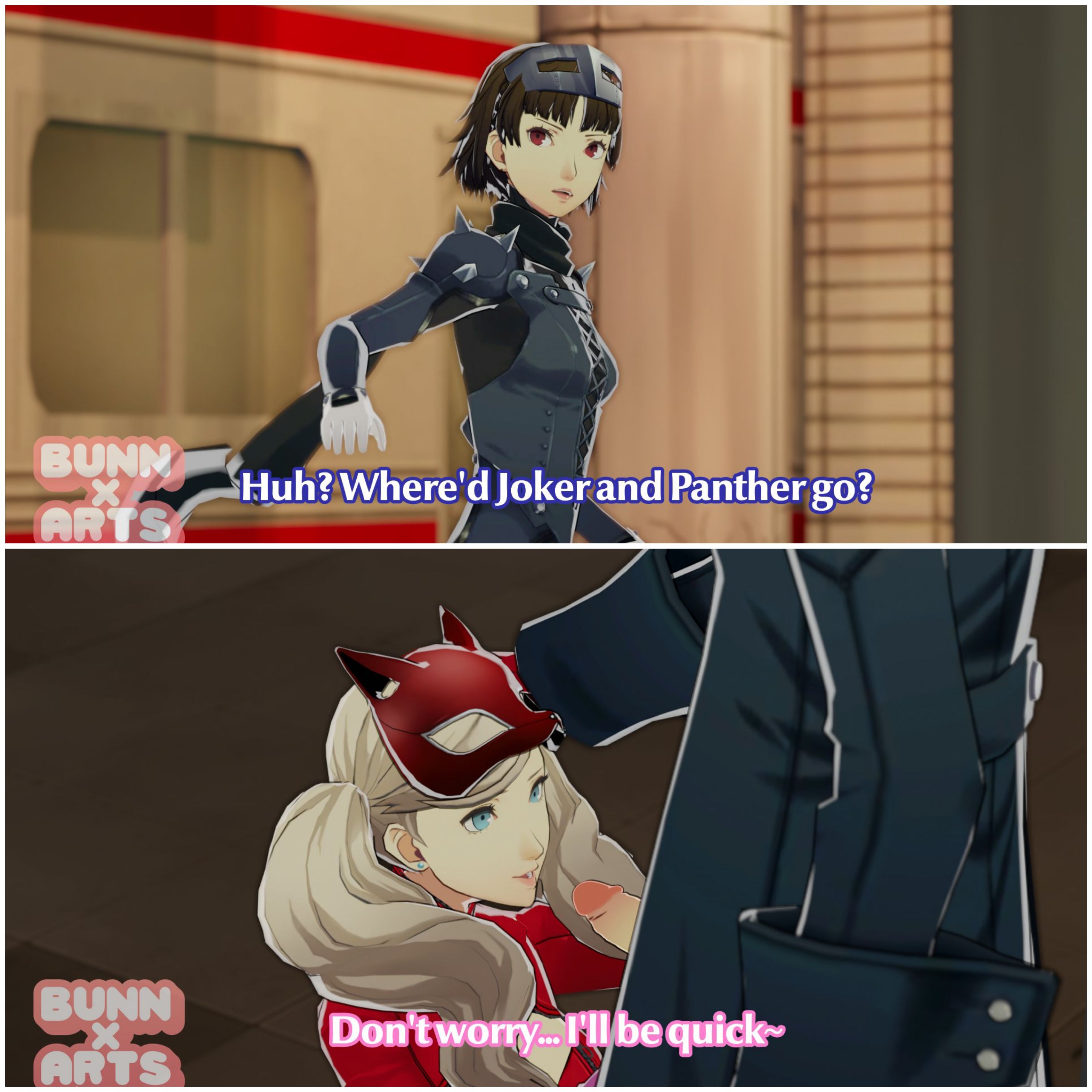 1boy 2girls 3d akira kurusu ann takamaki blonde hair blowjob blue  eyes brown hair bunnxarts cheating clothing female hand on head human  imminent oral long hair makoto niijima male