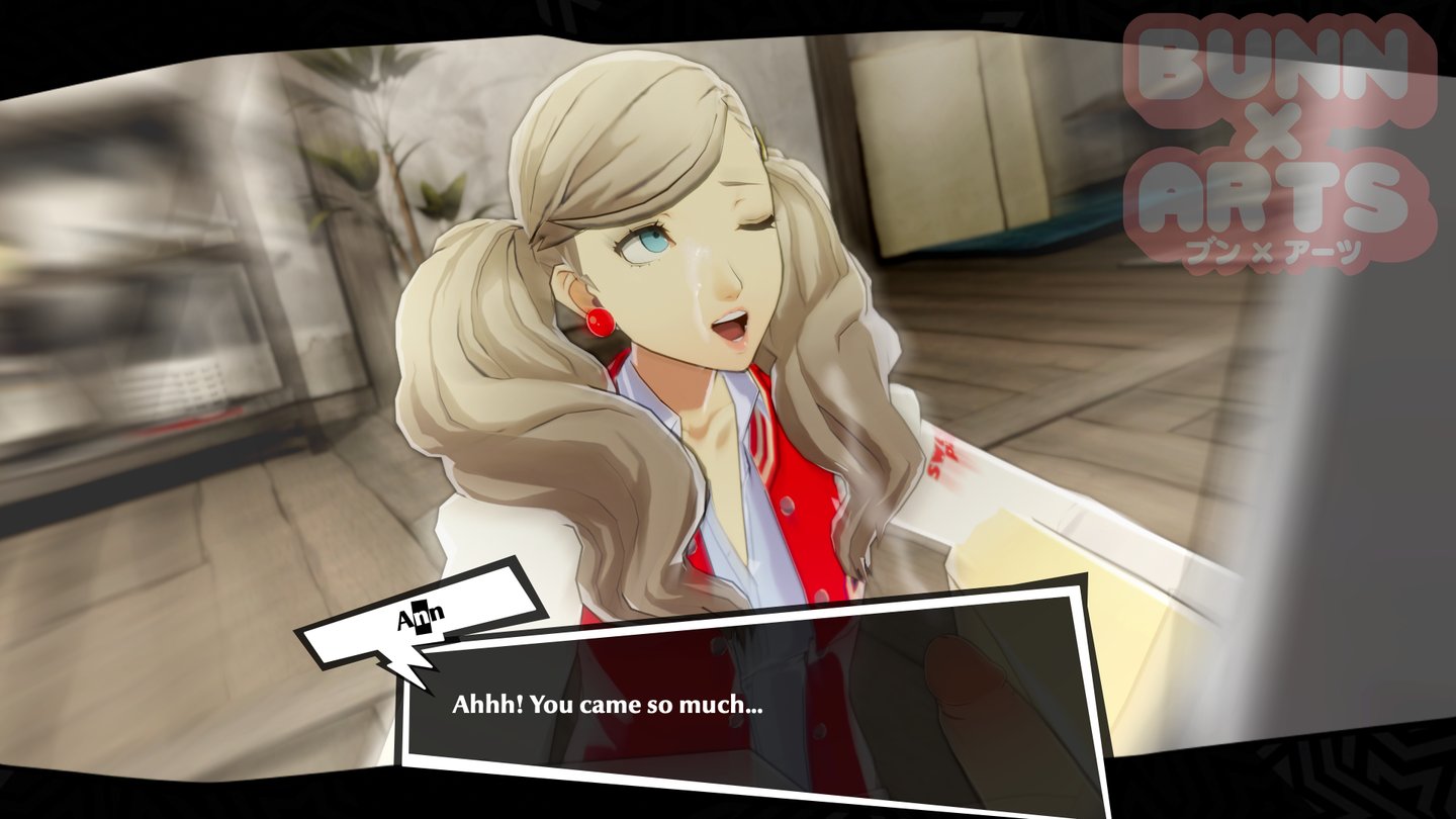 1boy 1girls 3d ann takamaki blonde hair blue eyes bunnxarts  clothing cum cum on face cumshot female fully clothed human male one eye  closed persona persona 5 straight text