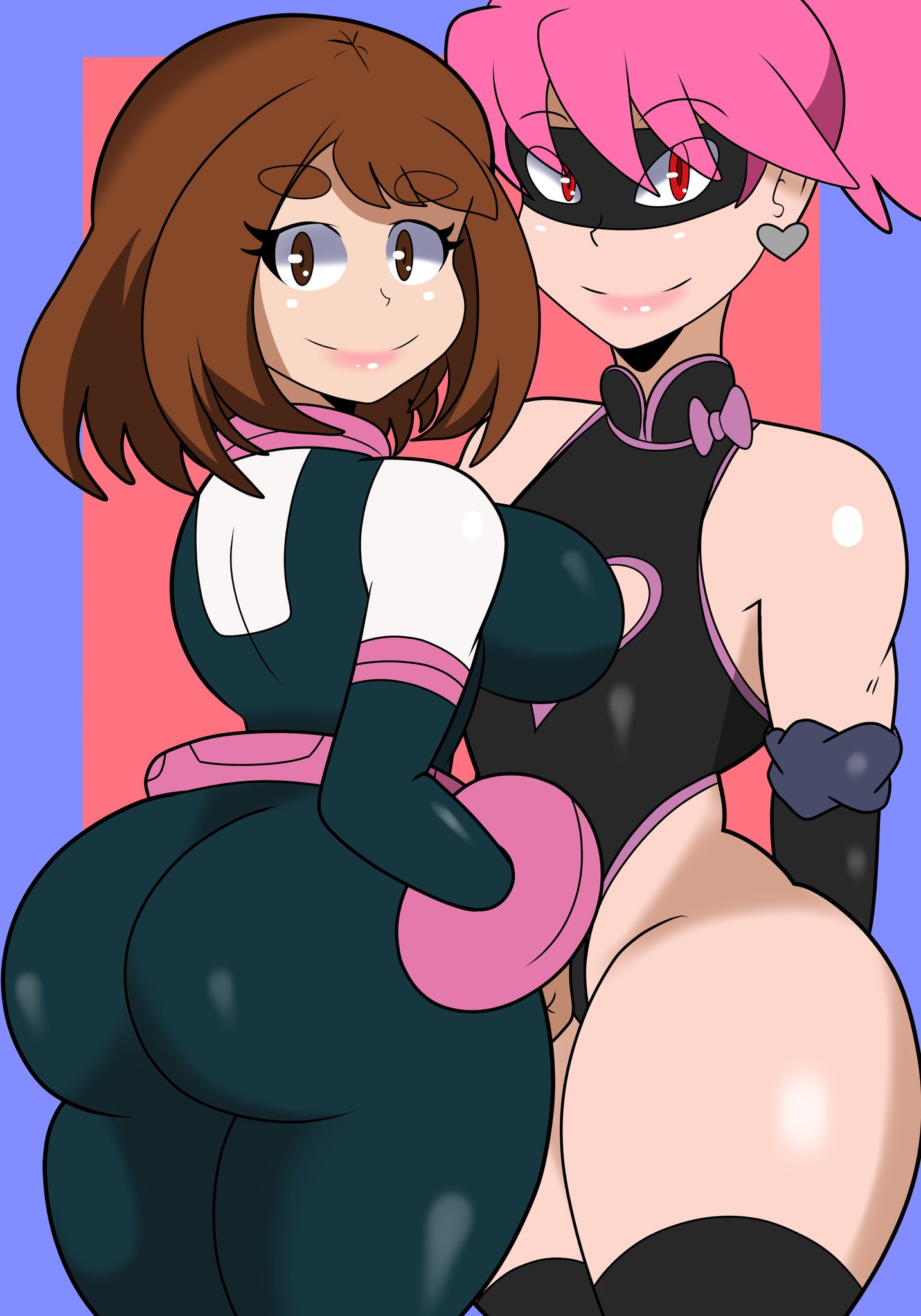 2girls ass big ass big breasts brown eyes brown hair curvy female haneyama kazuho hero outfit (mha) lipstick looking at viewer my hero academia ochako uraraka pink hair pop