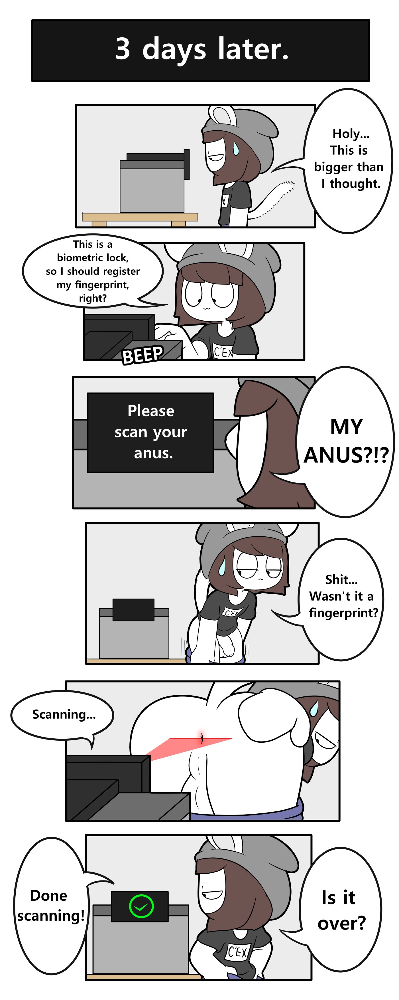 1boy anus ass balls bent over bottomless clothed clothing  dialogue english text humanoid humanoid penis male male only partially  clothed penis perineum scanner solo standing taint text tony (tonytoran)