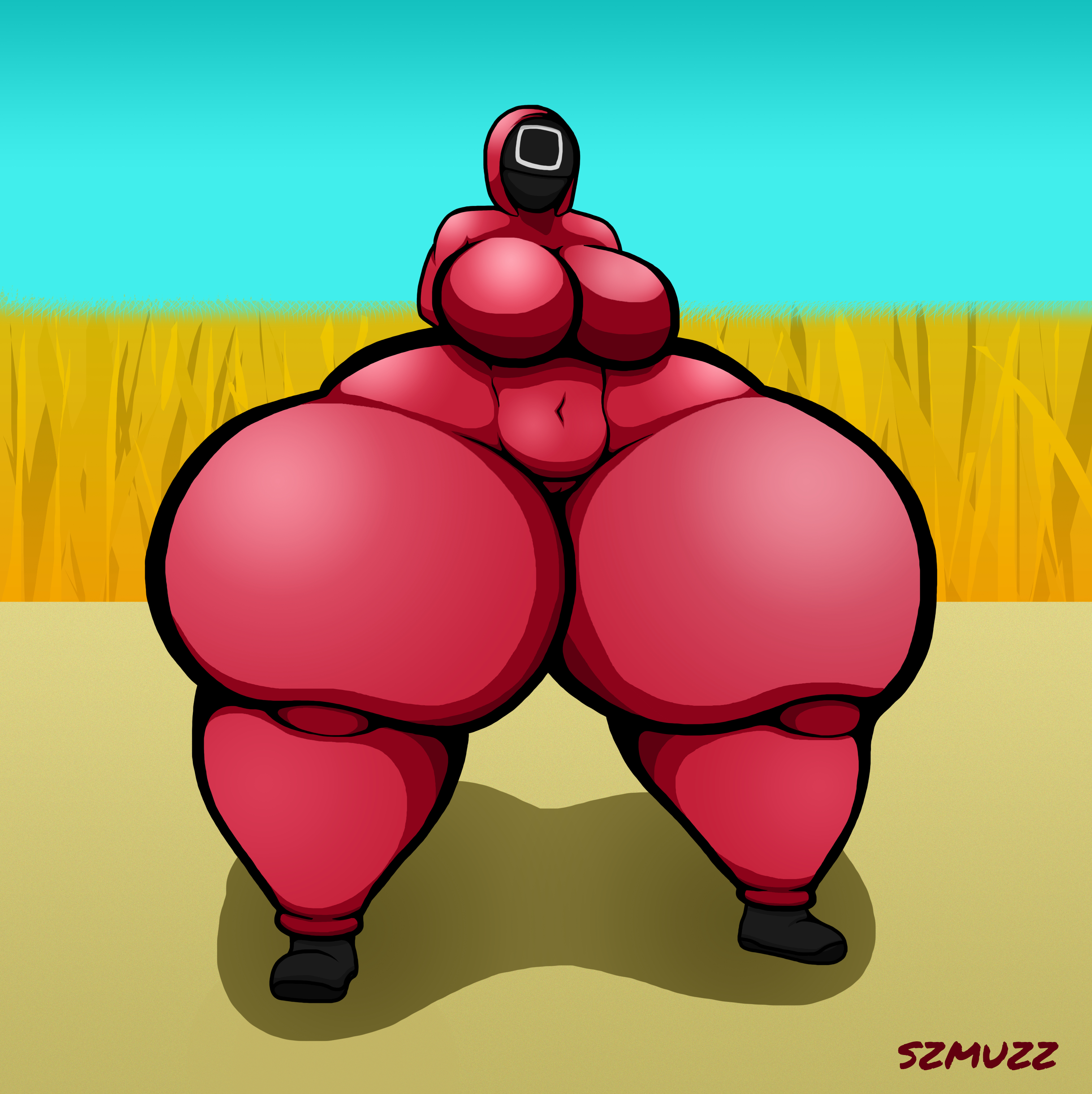Rule 34 - 2021 ass breast female female focus female only hips hoodie hyper  hyper ass large ass large breasts mask netflix pink guard rule 63  skin-tight suit skin tight square (squid