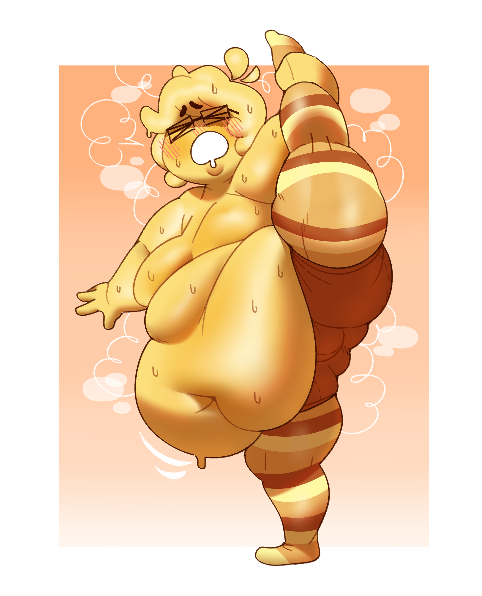 ambiguous gender buttercup (boltummies) crotch bulge flexible glasses i pose leg grab leg over head leg raise looking pleasured mintrimo original character overweight sagging belly shorts stretching sweat tagme