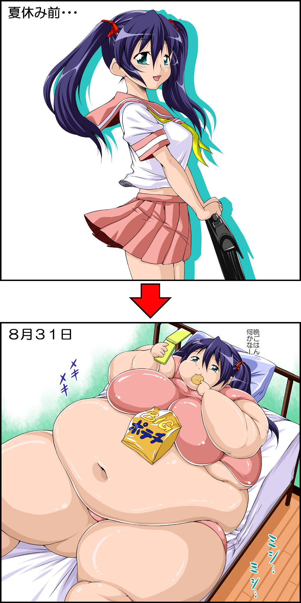 blue eyes blue hair breasts eating fat food highres large breasts  obese tetsujinex text tied hair translation request twintails weight gain