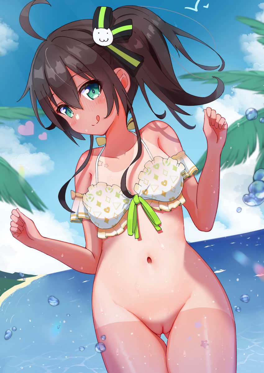 :q absurdres ahoge ass_visible_through_thighs beach bikini bikini_top_only bird blush bottomless bra breasts brown_hair cat_hair_ornament cleft_of_venus closed_mouth cloud detached_sleeves female frilled_bikini frilled_bra frills green_eyes green_ribbons hair_between_eyes hair_ornament hair_ribbon heart highres hololive hololive_gen_1 hololive_japan hololive_summer_2022_swimsuit lens_flare looking_at_viewer natsuiro_matsuri navel ocean official_alternate_costume one-piece_tan ontake2009 outdoors palm_tree patterned patterned_clothing pussy ribbon ribbon-trimmed_bikini ribbon-trimmed_bra ribbon_trim seagull side_ponytail small_breasts smile solo star_(symbol) star_tattoo swimsuit tan tanlines tattoo tongue tongue_out tree underwear virtual_youtuber water_drop wet white_bra white_swimsuit