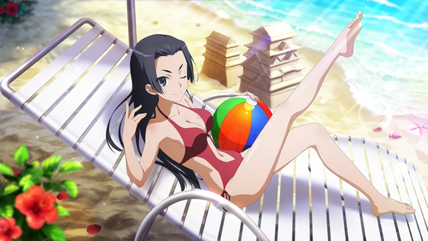 1girls 2024 beach belly_button big_breasts black_eyes black_hair blinking chair cleavage dark_eyes day daytime esper feet kongou_mitsuko laying_down leg_up legs light-skinned_female light_skin long_hair looking_at_viewer moving_hair official_art one-piece_swimsuit one_eye_closed outdoors outside realistic_breast_size red_swimsuit sand sand_castle silver_eyes sitting sitting_on_chair swimsuit teenage_girl teenager thighs to_aru_kagaku_no_railgun to_aru_majutsu_no_index water wink winking_at_viewer young