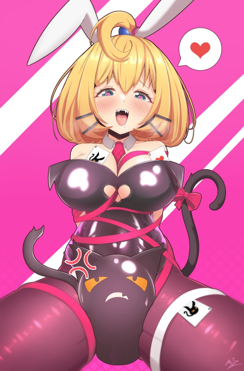 1girls ace_(playing_card) ace_of_hearts ahoge anger_vein animal_ears ball bare_shoulders between_thighs blonde_hair blush bondage bound bow breasts card cat_ears cat_tail cleavage cleavage_cutout clothing_cutout crushing drooling fan_mascot_(vtuber) green_eyes hair_between_eyes hair_ornament hairclip heart heart-shaped_pupils highleg highleg_leotard highres joker_(playing_card) large_breasts leg_strap leotard looking_at_viewer lucie_(millie_parfait) millie_parfait mizmillificent naughty_face nijisanji nijisanji_en playboy_bunny playing_card rabbit_ears rabbit_hole_(vocaloid) ribbon signature solo solo_focus steam symbol-shaped_pupils tail teeth thick_thighs thighs tie_clip tongue two-tone_background virtual_youtuber