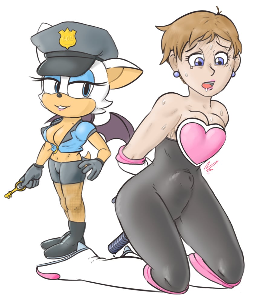 2girls bat baton blue_eyes breasts brown_hair cleavage clothed clothes clothes_swap cosplay costume_switch ear_piercing female female_only femdom gloves hair hat high_heels human insertion key lipstick mammal penetration piercing police rouge_the_bat rouge_the_bat_(cosplay) sega short_hair sonic_(series) sonic_x stomach_bulge sweat topaz_(sonic_the_hedgehog) unknown_artist vaginal_insertion vaginal_penetration wings yuri