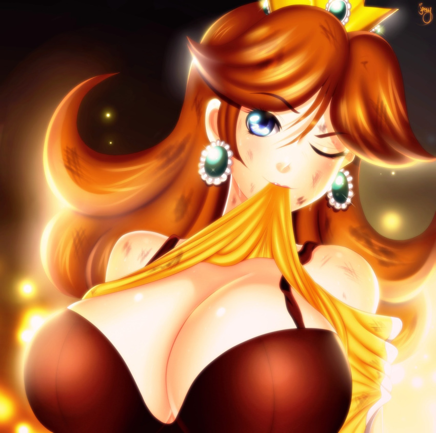 blue_eyes bra breasts bruise cleavage crown dirty dress dress_lift earrings female female_only firefly highres huge_breasts human jassycoco mario_(series) mouth_hold nintendo princess_daisy smile solo sweat wink