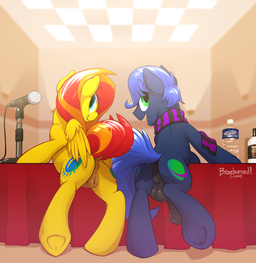 2015 anus balls bottle braeburned duo equine female feral friendship_is_magic girly horse male mammal microphone my_little_pony pegasus penis pony pussy scarf smile table wings