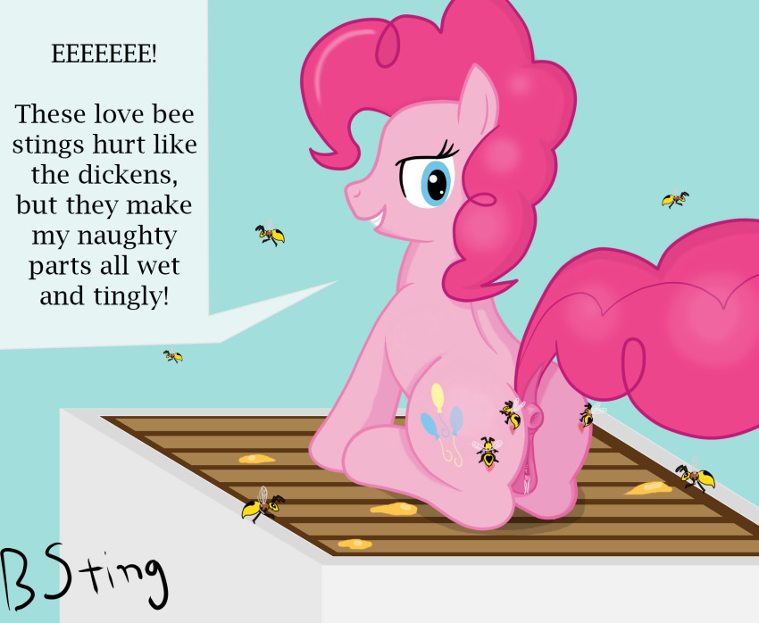 2015 anus applejack_(mlp) arthropod ass bee bee_sting beehive bsting equine female feral friendship_is_magic fur hair horse insects mammal my_little_pony pinkie_pie_(mlp) pony pussy solo text