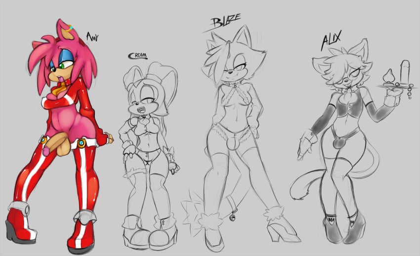 4girls amy_rose angelbreed blaze_the_cat bulge clothed cream_the_rabbit dickgirl eyeshadow furry futanari intersex original_character partially_colored penis sketch sonic_(series) testicles text