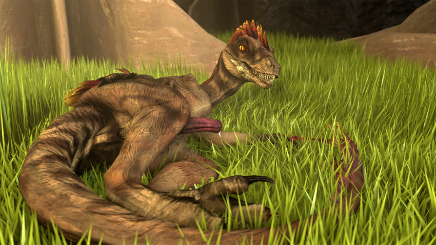 1boy 2015 3d animal_genitalia dinosaur erection feathers feral fruitymilk male male_only nude penis raptor scalie solo yellow_eyes