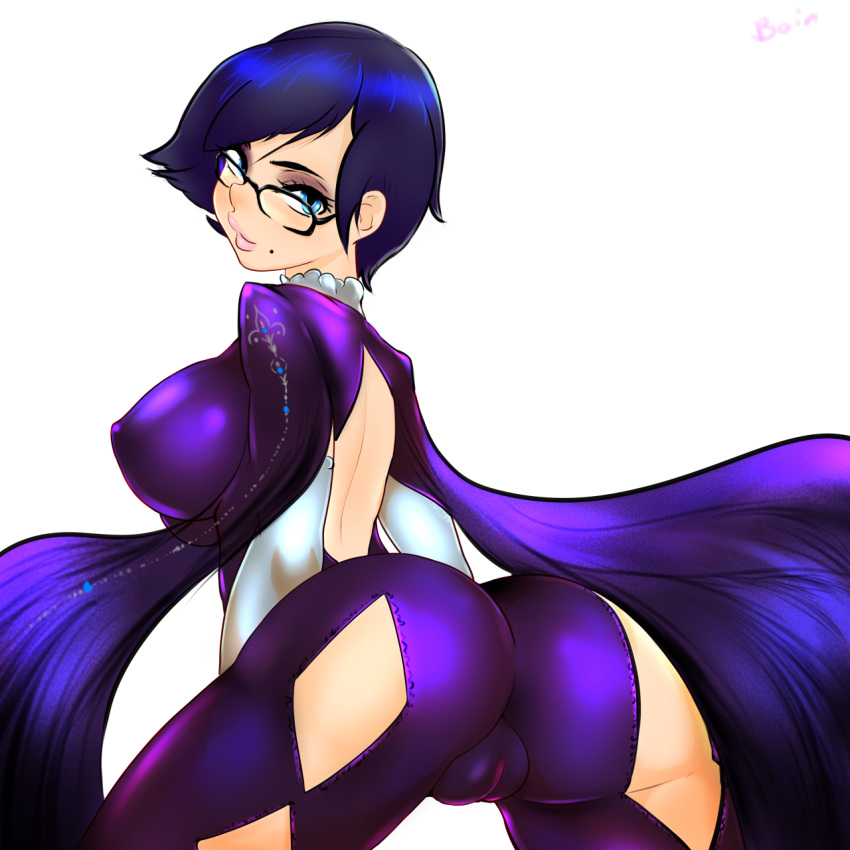 anus arched_back ass back back_cutout bayonetta bayonetta_(character) bayonetta_2 blue_hair bodysuit cameltoe covered_nipples dat_ass elbow_gloves female glasses lipstick looking_at_viewer looking_back makeup mole short_hair simple_background smile solo superboin white_background