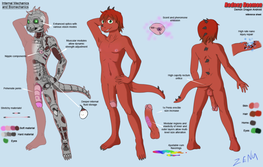 1boy android aza balls color_palette cyborg erection flaccid green_eyes humanoid_penis lizard looking_at_viewer male male_only penis rainbow_cum red_body red_skin reptile robot scalie solo standing tail zenu