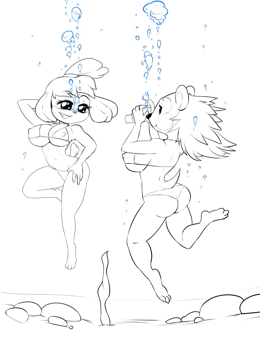 2girls absurd_res animal_crossing anthro ass barefoot big_breasts big_butt bikini breasts byondrage camera canid canine canis clothing domestic_dog eulipotyphlan feet female female/female female_only freediving hedgehog hi_res isabelle_(animal_crossing) mabel_able mammal modelling monochrome navel nintendo panties pose shih_tzu side_boob swimming swimwear thick_thighs toy_dog underwater underwear water wide_hips