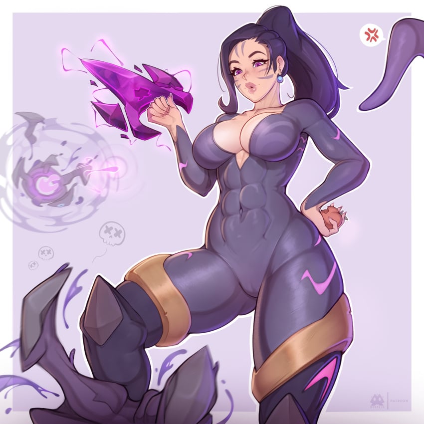 big big_breasts big_thighs bodysuit cleavage earrings female female_focus female_only fit fit_female kai'sa league_of_legends long_hair mixplin pink_eyes ponytail purple_hair