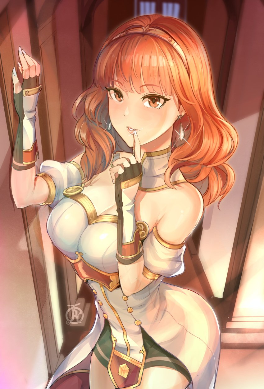 1girls breasts celica_(fire_emblem) cleavage earrings female female_only fire_emblem fire_emblem_echoes:_shadows_of_valentia highres large_breasts light-skinned_female light_skin long_hair nail_polish nintendo orange_hair revolverwingstudios silver_nails solo source_request white_nails