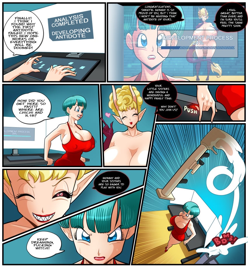 1futa 1girls angry_expression balls blonde_hair blue_eyes blue_hair breasts bulma bulma_(dragon_ball) bulma_briefs button clothed clothing comic computer_monitor daughter demon demon_girl demon_hands demon_horns demon_legs demon_tail devious_desires devious_grin dialogue dragon_ball dragon_ball_z english_text erection female fully_clothed futanari horns huge_cock human humanoid humanoid_penis kogeikun large_breasts large_penis light-skinned_female light-skinned_futanari light_skin lipstick long_hair milf mother mother_and_daughter nipples nipples_visible_through_clothing no_nut_november nude panchy panchy_(dragon_ball) panchy_briefs penis pressing_button red_dress red_eyes rocket_launcher short_hair standing tagme text