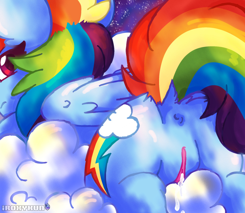 2016 anus ass cloud cutie_mark equine feathered_wings feathers female friendship_is_magic frown fur hair horse iroxykun looking_at_viewer looking_back mammal multicolored_hair my_little_pony night nude outside pegasus pony pussy pussy_juice rainbow_dash_(mlp) rainbow_hair raised_tail sky solo space straight_hair wet wings