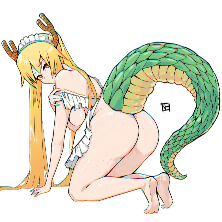 1girls ass big_breasts blonde_hair breasts dragon_girl feet female horns ivel0121 kneeling long_hair looking_back maid_headdress miss_kobayashi's_dragon_maid mostly_nude partially_clothed soles solo tail tohru_(dragon_maid) white_background