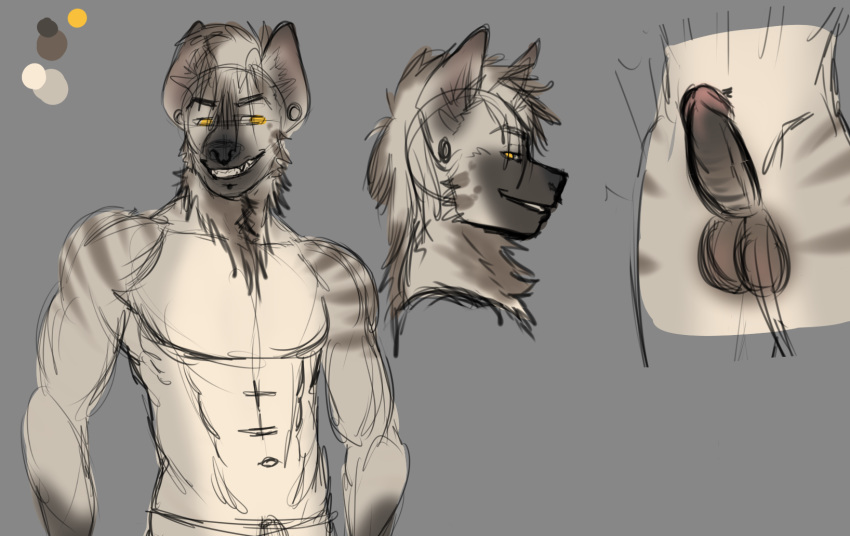 2016 anthro balls colored_sketch fan_character grin hi_res hyena mammal model_sheet muscular neck_tuft penis piercing septum standing strawberrycucumber striped_hyena tuft tunnels