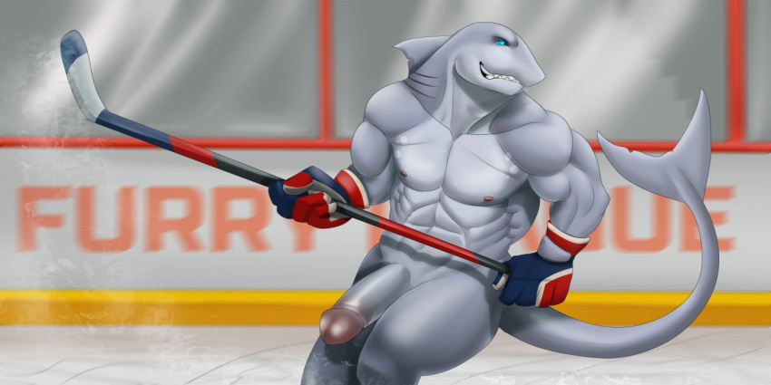 abs anthro balls biceps clothing fin fish gloves hockey hockey_stick invalid_tag male male_only marine marsel-defender mostly_nude muscular muscular_male navel pecs penis shark sharp_teeth smile solo sport teeth