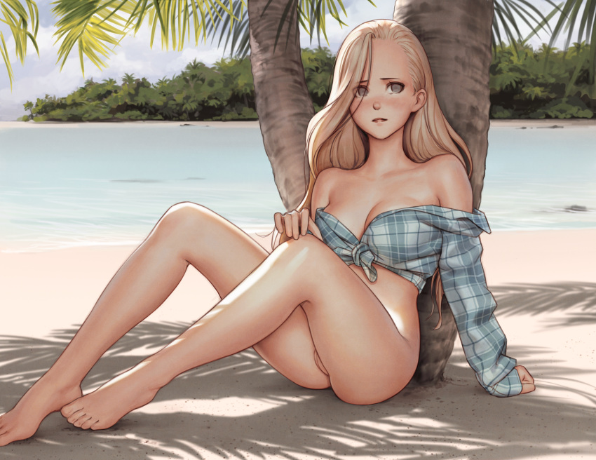 1girls absurdres against_tree bare_shoulders barefoot beach blonde_hair bottomless breasts cleavage dappled_sunlight day feet front-tie_top grey_eyes hair_over_one_eye highres huge_filesize i0525 lips long_hair medium_breasts naked_shirt no_bra ocean original outdoors palm_tree plaid plaid_shirt pussy shade shirt sitting solo sunlight toes tree wavy_hair
