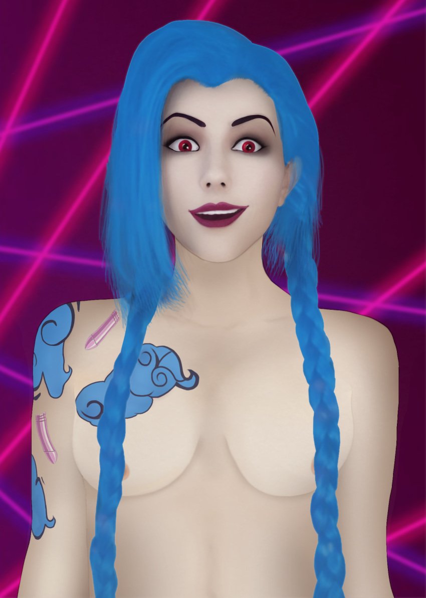 blue_hair happy jinx_(league_of_legends) league_of_legends mascara modyfer nude purple_lipstick red_eyes tattoo