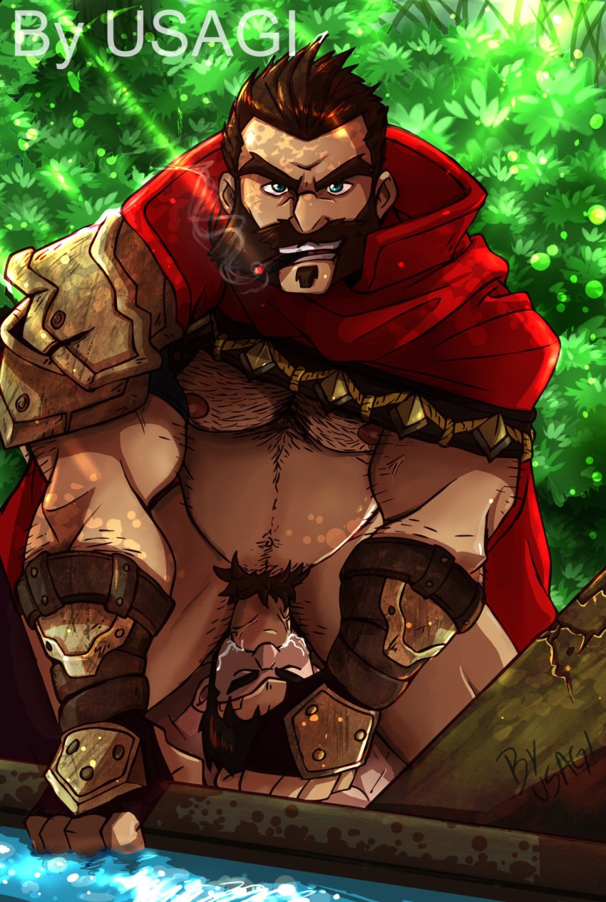 2boys bara barazoku beard blowjob cum cum_in_mouth daddy erection fellatio fellatio_domination gay gay_blowjob genital_fluids graves_(league_of_legends) hairy_chest league_of_legends looking_at_viewer male male/male male_nipples male_only male_pubic_hair manly mature_male muscular_male nipples oral oral_sex penis principeconejoo riot_games usagi_(artist)