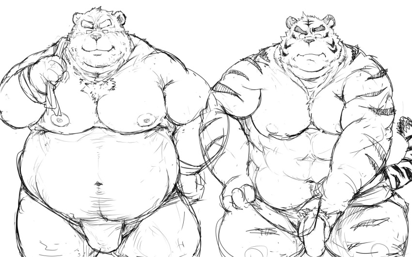2016 barazoku bear black_and_white clothed clothing duo facing_viewer feline fundoshi japanese_clothing kemono kneeling kotobuki looking_at_viewer male mammal monochrome muscular obese overweight partially_clothed penis simple_background sketch tiger towel underwear undressing white_background