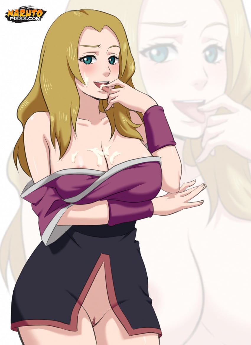 aqua_eyes artist_request blonde_hair blush breasts clothes_down cum female human human_only large_breasts long_hair looking_at_viewer naruto naruto_shippuden off_shoulder standing tagme tsuchigumo_hotaru zoom_layer