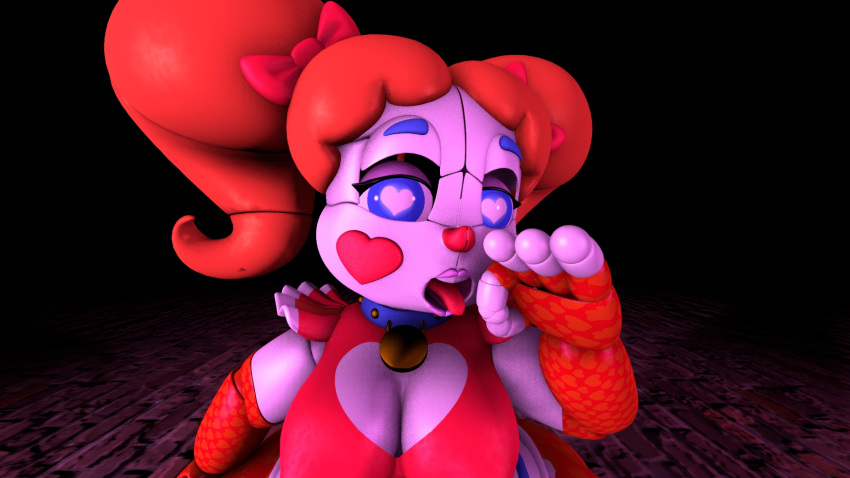 animatronic baby_(fnafsl) blue_eyes circus_baby circus_baby_(fnaf) cleavage clown female five_nights_at_freddy's heart-shaped_pupils looking_at_viewer open_mouth orange_hair ribbons robot robot_girl sexbot_circus_baby sister_location solo tongue tongue_out twintails white_skin