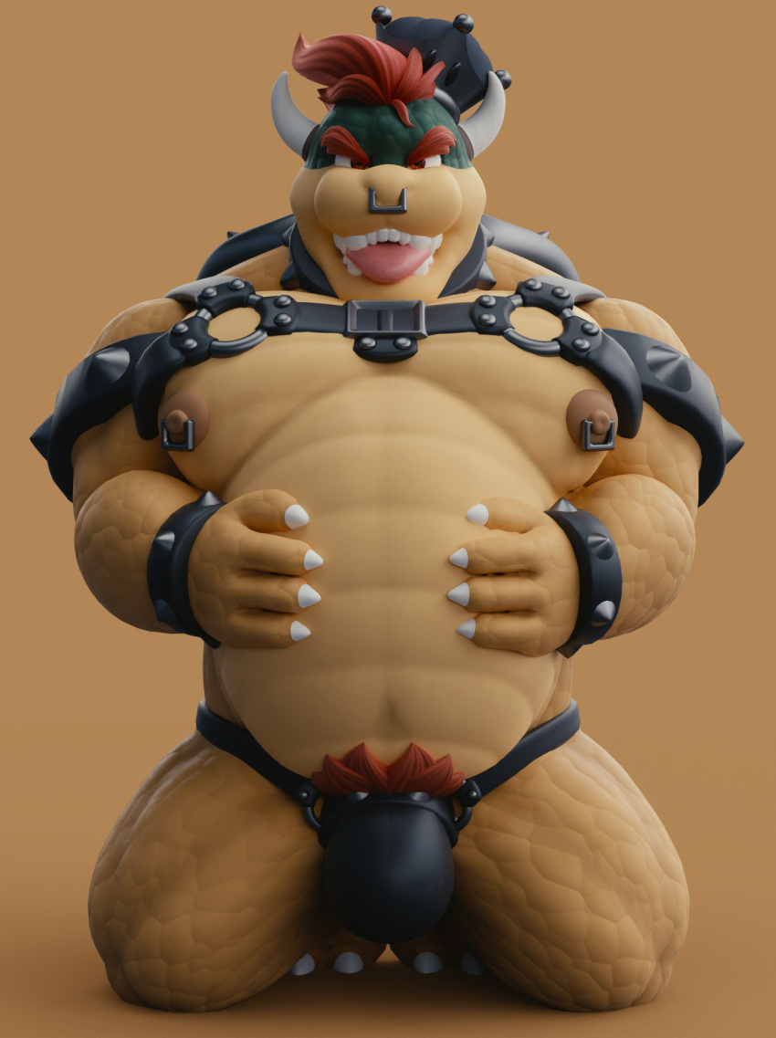 1boy bdsm_gear bowser brown_background bulge cock_ring dukesmith3d full_body harness kneeling looking_at_viewer male male_only mario_(series) nintendo nipple_piercing nipples nose_piercing open_mouth pubic_hair simple_background solo teeth tongue tongue_out
