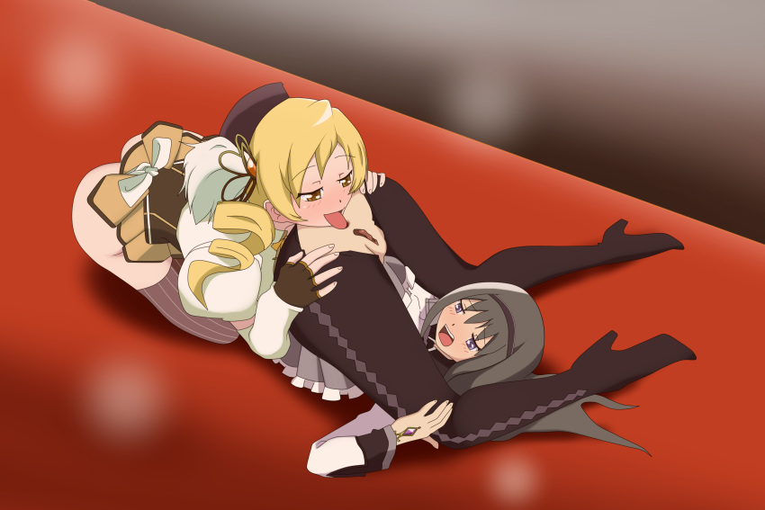 2girls akemi_homura anilingus anus ass ass_in_air black_hair blonde_hair blush bottomless clothed_sex clothing cristalmanor drill_hair embarrassed female_only forced gem hands_on_ass hat high_heel_boots high_heels kneeling legs_over_head long_hair magical_girl mahou_shoujo_madoka_magica open_mouth oral purple_eyes pussy rimjob rimming ripped_clothing ripped_pantyhose runway skirt spread_ass stockings tomoe_mami tongue tongue_out yellow_eyes yuri