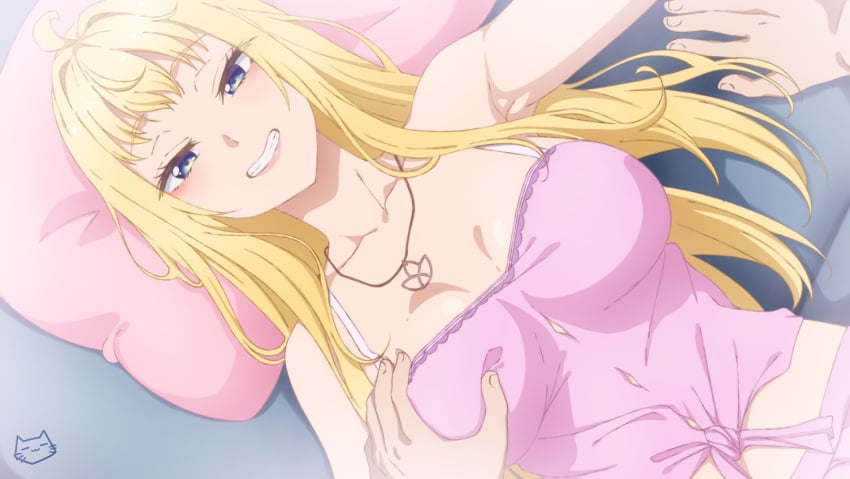 ahoge bare_shoulders blonde_hair blue_eyes breasts breasts_apart collarbone dosanko_gal_wa_namara_menkoi female grabbing grabbing_another's_breast grin interior jewelry keihh large_breasts long_hair looking_at_viewer lying minami_fuyuki necklace on_back paid_reward_available pillow pink_shirt pov pov_hands shirt shounen_jump+ signature smile solo_focus spaghetti_strap tied_shirt upper_body yellow_eyes