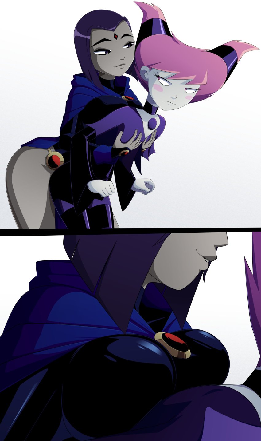 2girls alternate_breast_size big_breasts breast_grab breasts cleavage clothing dc dc_comics female female_only jinx_(dc) large_breasts lesbian raven_(dc) ravenravenraven small_breasts straight_hair teen_titans yuri