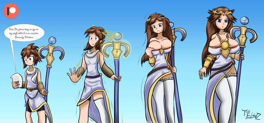 1boy 1girls 2019 ass bare_shoulders big_breasts blue_background blue_eyes breast_expansion breast_grab breast_growth breast_press breasts brown_hair cleavage clothed deviantart female gender_transformation genderswap_(mtf) huge_breasts kid_icarus looking_down milf motion_lines nintendo palutena pit_(kid_icarus) rule_63 sequence standing thatfreakgivz thick_thighs transformation watermark wide_hips
