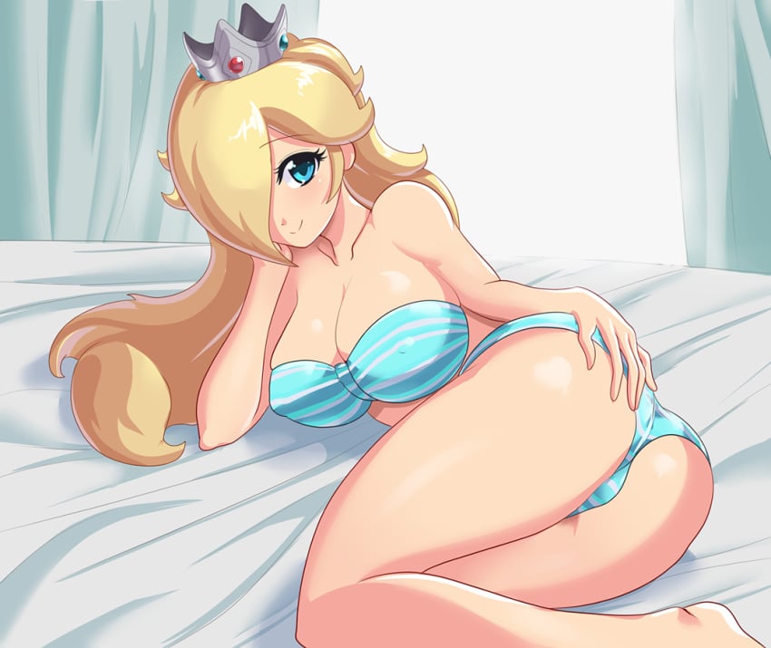 1girls alternate_costume aqua_bra aqua_panties ass ass_focus bare_arms bare_legs bare_shoulders bed big_ass big_butt blonde_hair blue_eyes blush bra breasts bubble_ass bubble_butt butt_focus cleavage closed_mouth cogbrony collarbone crown curtains dat_ass day erect_nipples eyebrows_visible_through_hair female female_only hair_over_one_eye hand_on_own_ass hand_on_own_face huge_ass human human_only jewelry large_breasts legs lingerie long_hair looking_at_viewer lying mario_(series) neck nintendo on_bed on_side panties presenting presenting_hindquarters princess_rosalina shiny_hair shiny_skin smile solo strapless strapless_bra striped striped_bra striped_panties super_mario_galaxy thick_ass