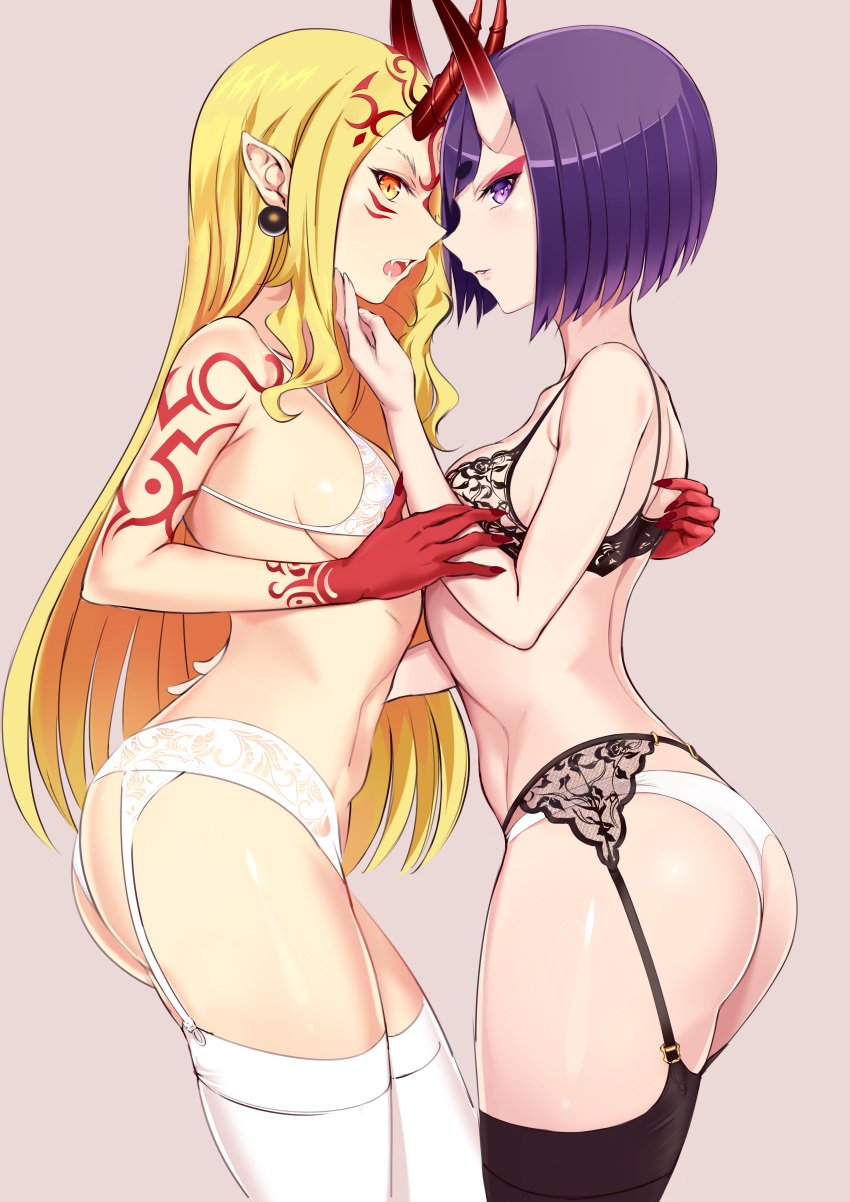 2girls blonde_hair earrings fangs fate/grand_order fate_(series) female female_only hand_on_back hand_under_chin highres horns ibaraki_douji_(fate) lingerie looking_at_viewer medium_breasts oni open_mouth purple_eyes purple_hair red_skin sharp_fingernails shiny shiny_skin short_hair shuten_douji_(fate) simple_background tattoo thighhighs underwear white_panties yellow_eyes yuri