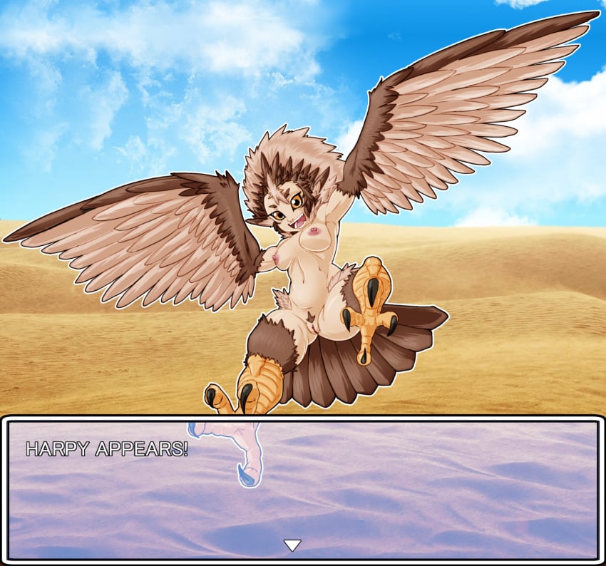 2019 3_toes alternate_version_at_source animal_humanoid anthro areola avian avian_humanoid biped border breasts brown_eyebrows brown_feathers brown_hair brown_tail brown_wings claws desert detailed_background digital_media_(artwork) english_text eyebrows feather_hair feathered_wings feathers female flying hair harpy hi_res humanoid looking_at_viewer multicolored_hair nipples nude open_mouth open_smile orange_eyes pale_skin pink_areola pink_nipples pubes pussy sand sky smile solo tail_feathers talons tan_feathers tan_hair tan_wings text toe_claws toes two_tone_hair two_tone_wings urielmanx7 white_border winged_arms winged_humanoid wings