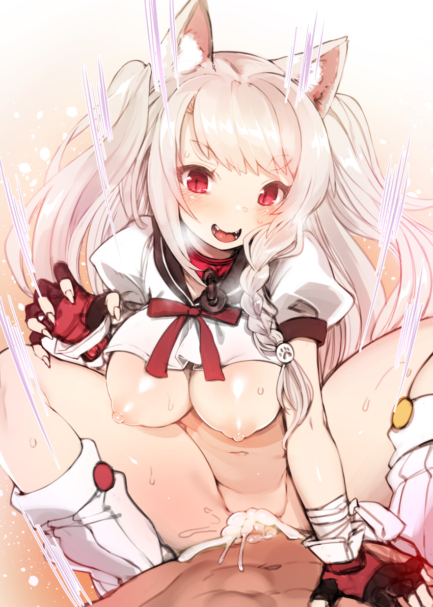 1boy 1girls absurdres animal_ear_fluff animal_ears areolae azur_lane bangs black_sailor_collar blush braid breasts claw_pose clothed_female_nude_male collar cowgirl_position crop_top cum cum_in_pussy cum_inside dog_ears ejaculation eyebrows_visible_through_hair fangs female fingerless_gloves fingernails gloves hand_on_another's_chest harigane_shinshi highres large_breasts long_hair male motion_lines navel neck_ribbon nipples nude open_mouth puffy_short_sleeves puffy_sleeves pussy red_collar red_eyes red_ribbon ribbon sailor_collar sex sharp_fingernails sharp_teeth short_sleeves sidelocks silver_hair single_braid slit_pupils smile stomach straddling straight sweat teeth thick_eyebrows thighs tongue two_side_up vaginal_penetration white_legwear yuudachi_(azur_lane)