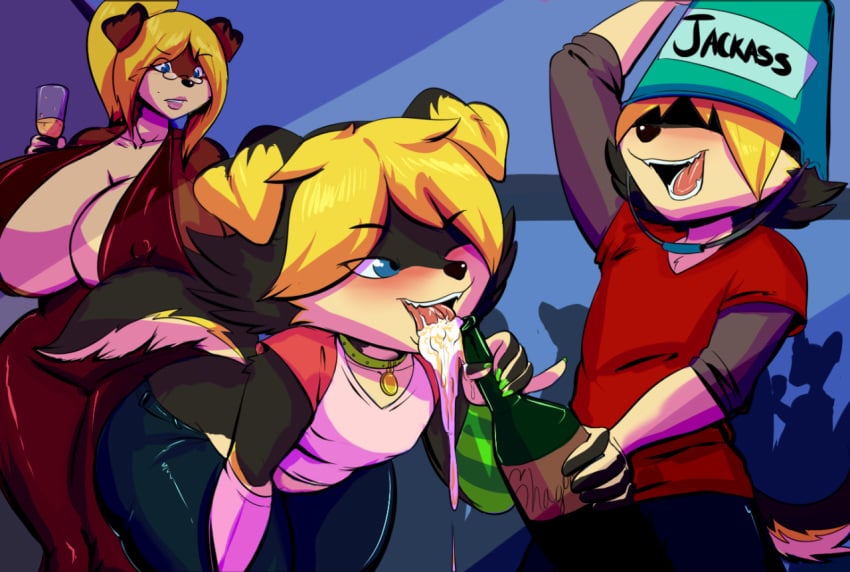 1girls 2boys anthro canine champagne desi duke female femboy fully_clothed furry huge_breasts male tagme thecon trap