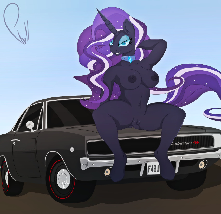 1girls anthro breasts car dark_persona equid female female_only furry highres horn large_breasts mammal my_little_pony my_little_pony_(idw) nightmare_rarity nude phylloaurea pose pussy rarity_(mlp) smooth_skin solo spread_legs spreading unicorn vehicle