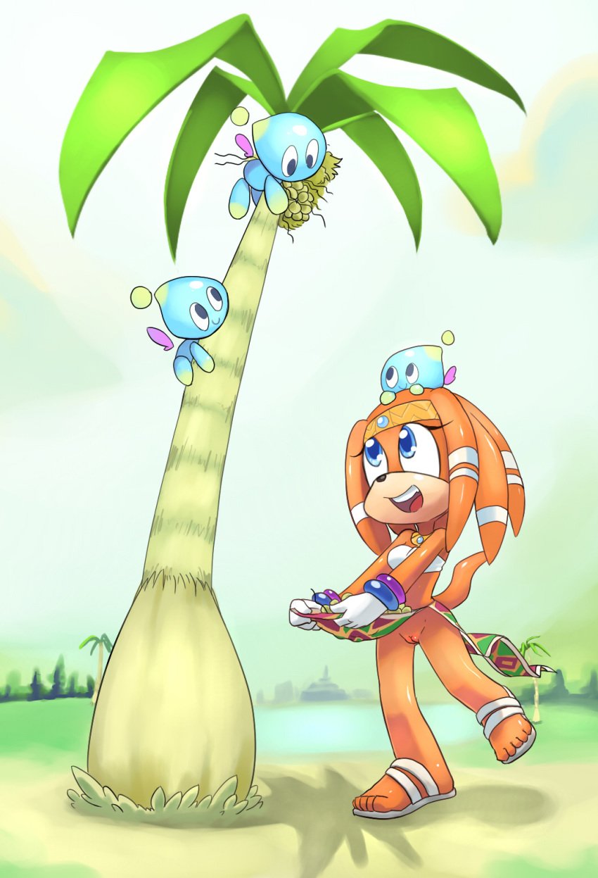 bottomless chao_(sonic) clothing color echidna female fur furry interspecies no_panties open_mouth orange_fur outdoors pussy shaily sonic_(series) tikal_the_echidna tree vulva