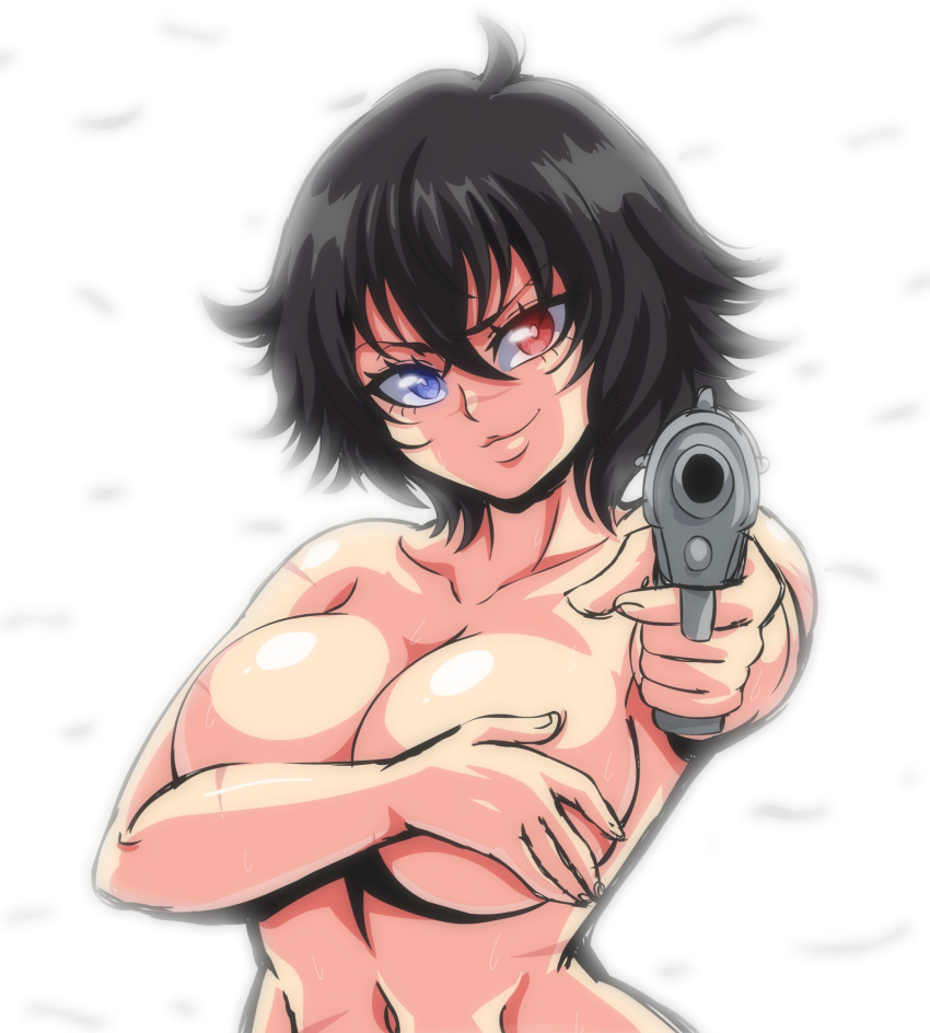 1girls at_gunpoint big_breasts black_hair blue_eyes blurry_background breasts capcom completely_naked completely_nude completely_nude_female covering covering_breasts covering_self devil_may_cry devil_may_cry_3 devil_may_cry_5 evil_smile female female_focus female_only finger_on_trigger gun gunpoint hand_on_breast heterochromia holding_gun holding_pistol holding_weapon lady_(devil_may_cry) large_breasts lewdamone looking_at_viewer nude nude_female pistol pointing_gun pointing_gun_at_viewer pov red_eyes scar scarred_face scars shiny_skin short_black_hair short_hair simple_background smile smiling smiling_at_viewer smirk smirking solo solo_female solo_focus stomach sweat sweatdrop threatening tomboy weapon