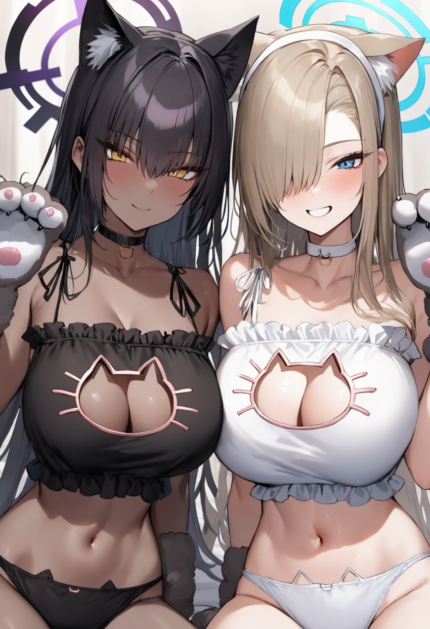 2024 2girls ai_generated asuna_(blue_archive) black_hair blonde_hair blue_archive blue_eyes bra breasts cat_ears cat_keyhole_bra catgirl chocolate_and_vanilla cleaning_&_clearing_(blue_archive) cleavage dark-skinned_female dark_skin female hi_res huge_breasts karin_(blue_archive) light-skinned_female light_skin long_hair millennium_science_school_student panties stable_diffusion thick_thighs wide_hips yellow_eyes