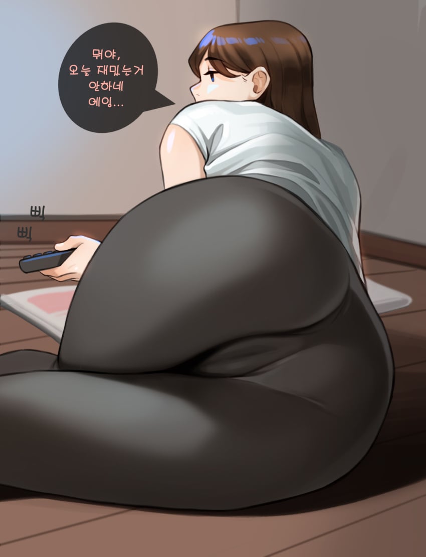 Rule 34 - adultonly ass ass focus black black pants black yoga pants brown hair cameltoe female female focus female only fully clothed korean text leggings lying lying on lying