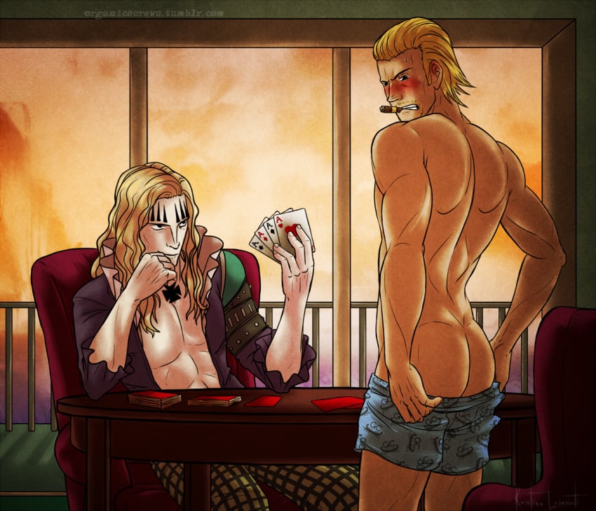 2boys basil_hawkins clothed_male_nude_male male_only one_piece paulie playing_card removing_underwear shounen_jump strip_poker tagme underwear_only undressing