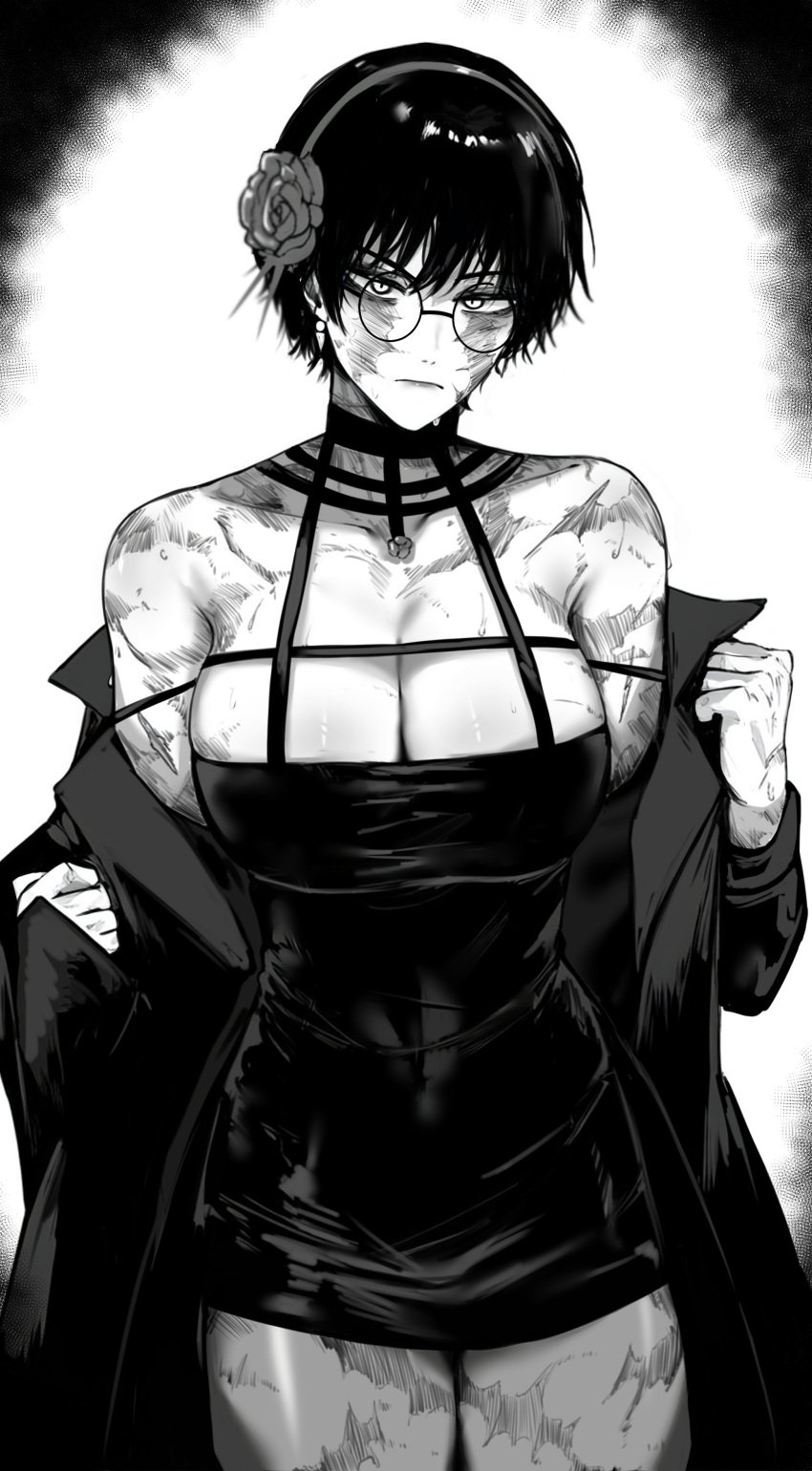 1girls bare_shoulders big_breasts breasts burn_scar burns busty cleavage company_connection cosplay female female_only flower_in_hair glasses huge_breasts jujutsu_kaisen large_breasts masoq095 monochrome scar scarred scars scars_all_over short_hair shounen_jump shueisha spy_x_family tagme thick_thighs thighs thorn_princess tomboy yor_briar_(cosplay) zenin_maki